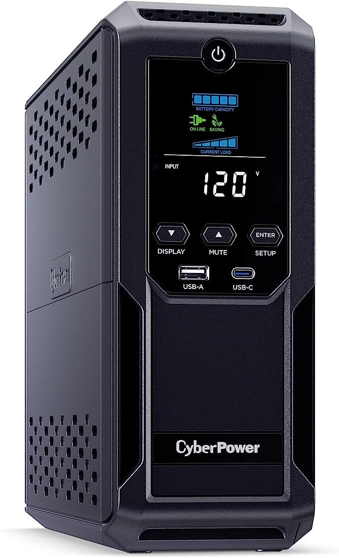 Intelligent LCD UPS System, 1500VA/900W, 12 Outlets, 2 USB Ports, AVR, Mini Tower, Black