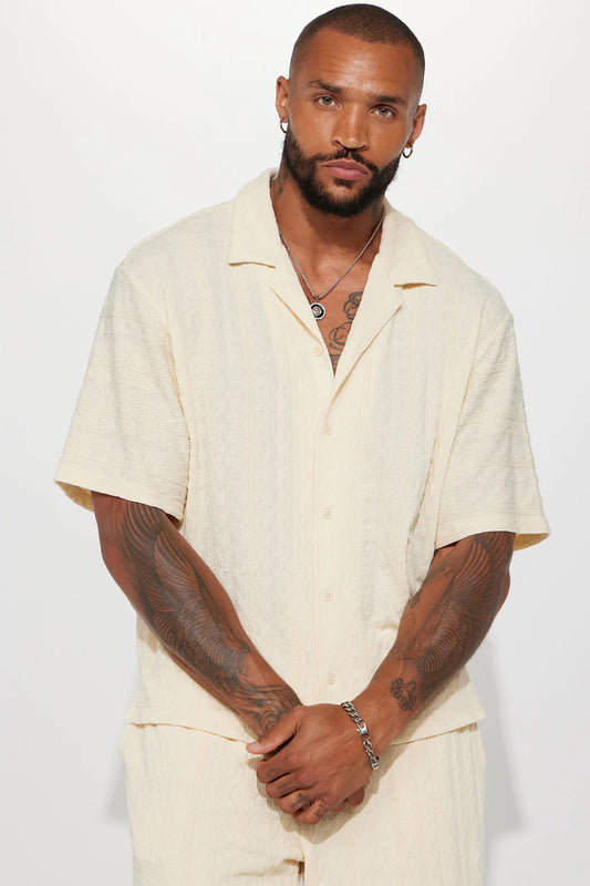 Check My Bank Statement Knit Short Sleeve Button Up - Cream