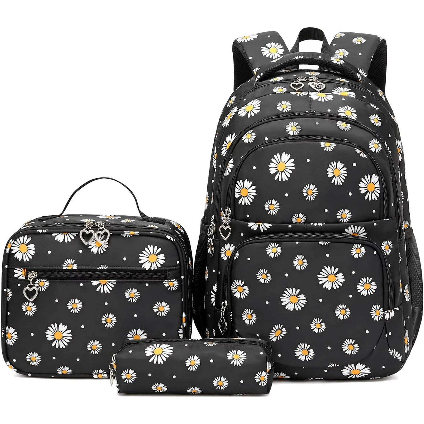 Petmoko Daisy Printed Backpacks With Lunch Pack Pencil Case 3pcs, Water Resistant Lightweight Bookbag For Middle School