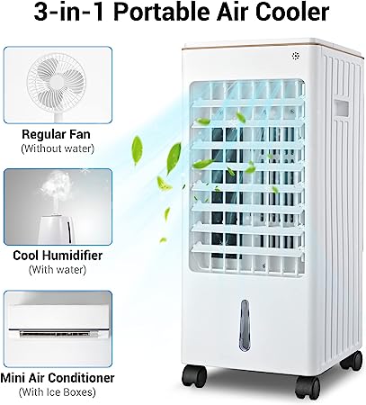 Yescom 3 IN 1 Portable Evaporative Air Cooler, Cooling Fan w/Humidifier & Remote Control,3 Wind Speeds,Detachable Water Tank & 4 Ice Packs Windowless Room Cooler for Home Office Garage Dorm 21-Inch