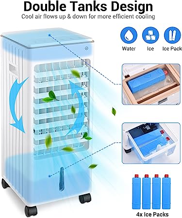 Yescom 3 IN 1 Portable Evaporative Air Cooler, Cooling Fan w/Humidifier & Remote Control,3 Wind Speeds,Detachable Water Tank & 4 Ice Packs Windowless Room Cooler for Home Office Garage Dorm 21-Inch