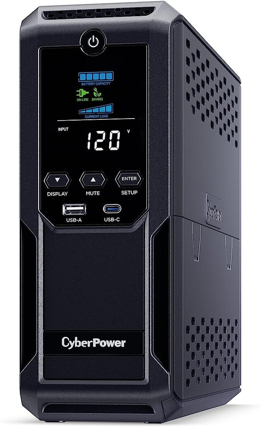 Intelligent LCD UPS System, 1500VA/900W, 12 Outlets, 2 USB Ports, AVR, Mini Tower, Black