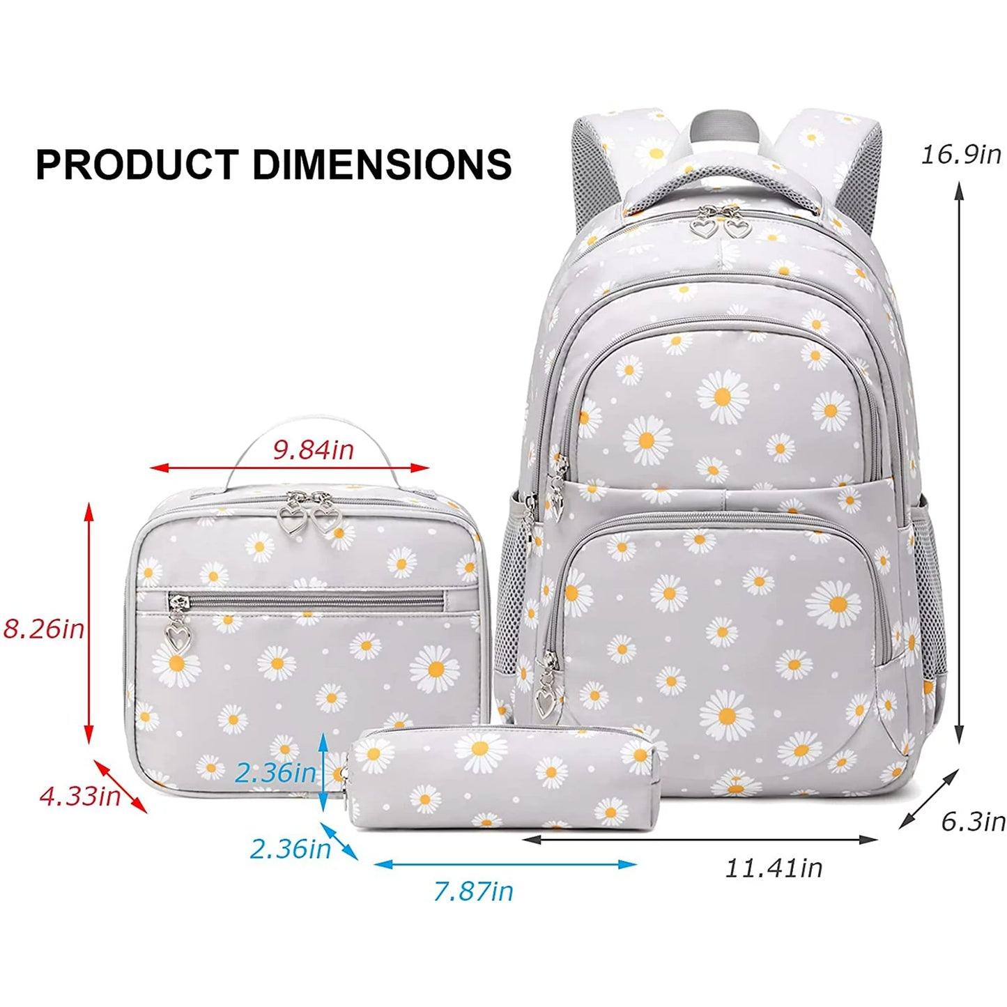 Petmoko Daisy Printed Backpacks With Lunch Pack Pencil Case 3pcs, Water Resistant Lightweight Bookbag For Middle School