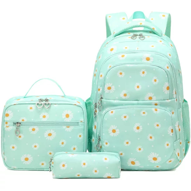 Petmoko Daisy Printed Backpacks With Lunch Pack Pencil Case 3pcs, Water Resistant Lightweight Bookbag For Middle School