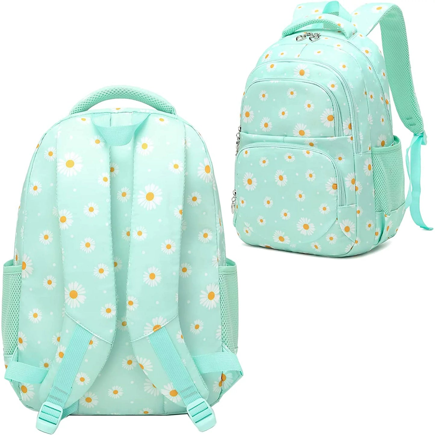 Petmoko Daisy Printed Backpacks With Lunch Pack Pencil Case 3pcs, Water Resistant Lightweight Bookbag For Middle School