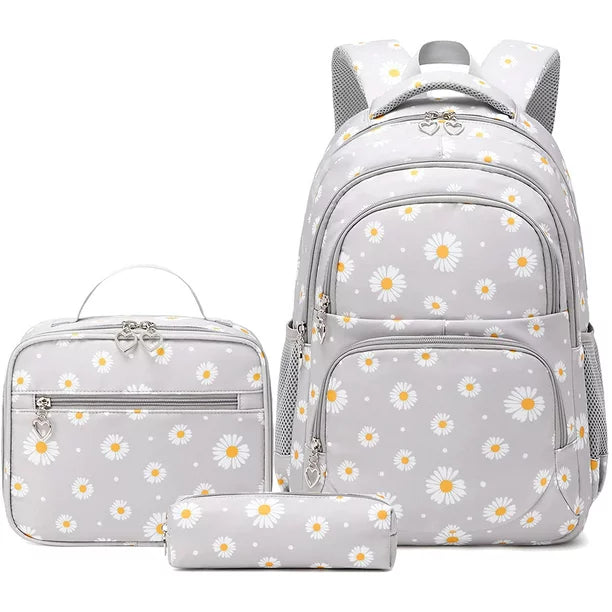 Petmoko Daisy Printed Backpacks With Lunch Pack Pencil Case 3pcs, Water Resistant Lightweight Bookbag For Middle School