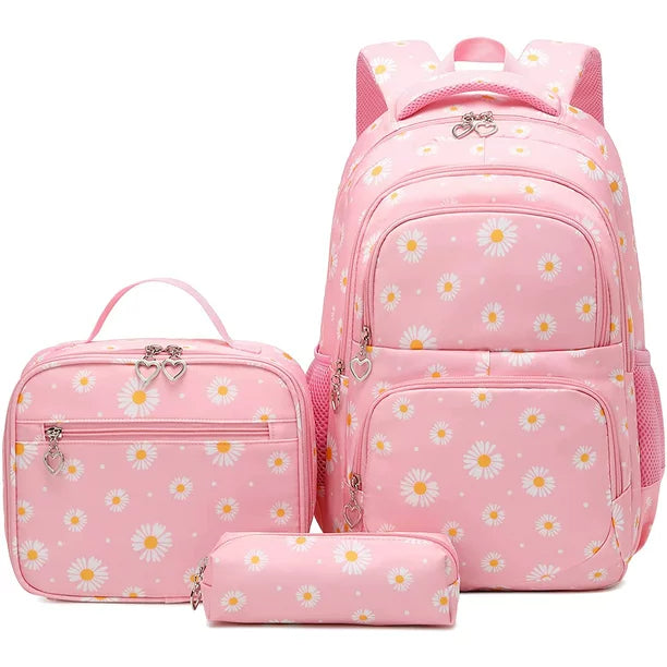 Petmoko Daisy Printed Backpacks With Lunch Pack Pencil Case 3pcs, Water Resistant Lightweight Bookbag For Middle School